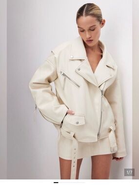 Good American Cream Asymmetric Leather Biker Jacket